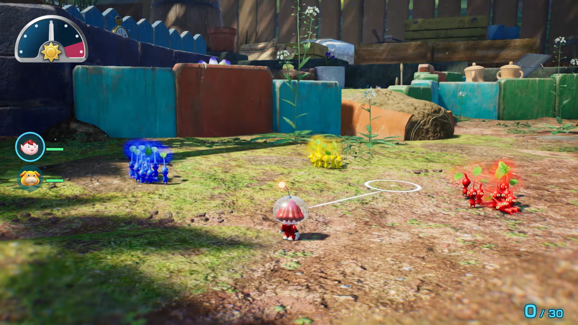 A character in Pikmin 4 standing next to Red, Yellow, and Blue Pikmin